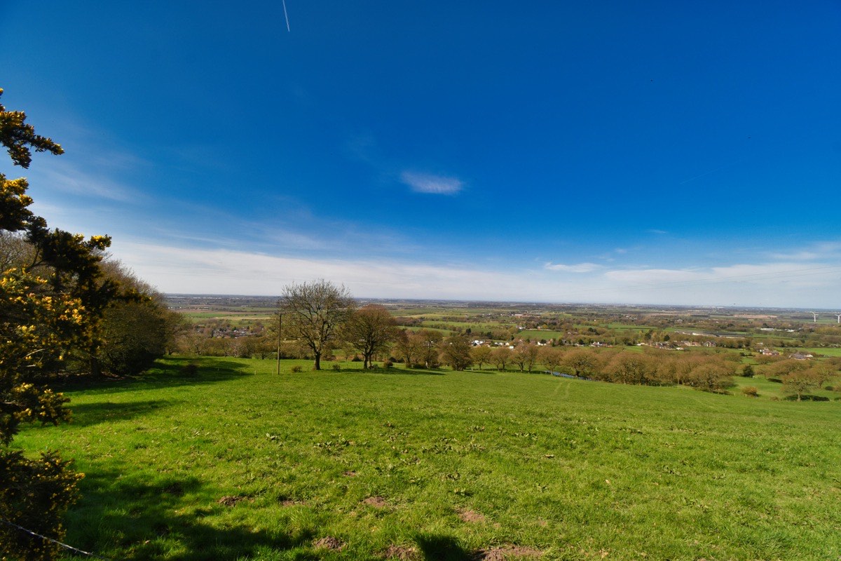 View from a hillside field over the edge of a town